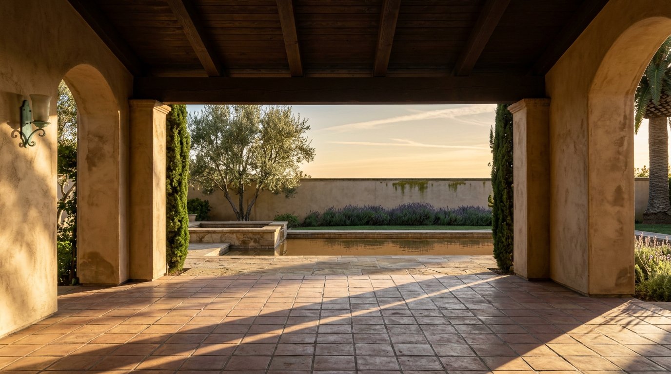 Stucco loggia arches frame a terracotta courtyard, pool, olive tree, and garden wall in warm evening sunlight.