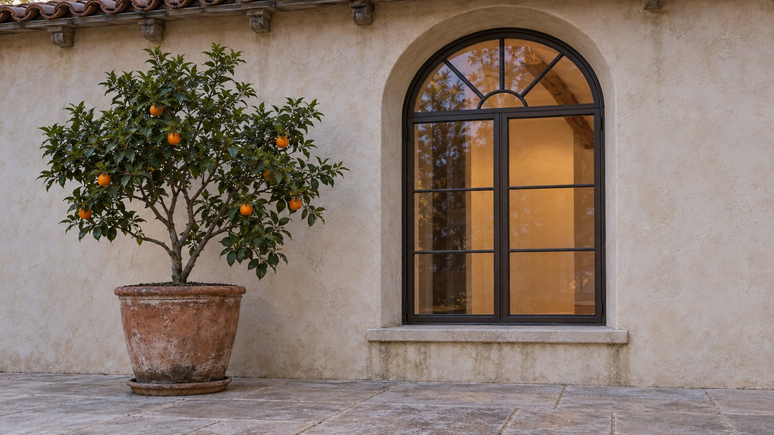 An arched bronze-framed window glows against aged ivory stucco beside a potted mandarin tree on a limestone terrace.