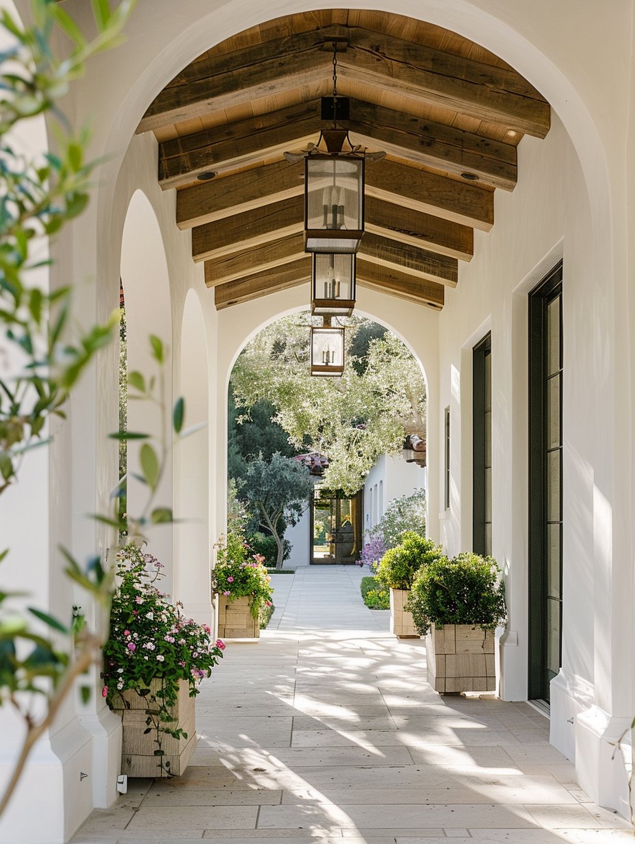 Covered entry walkway with arched openings, exposed wood beams, hanging lanterns, and potted plants.