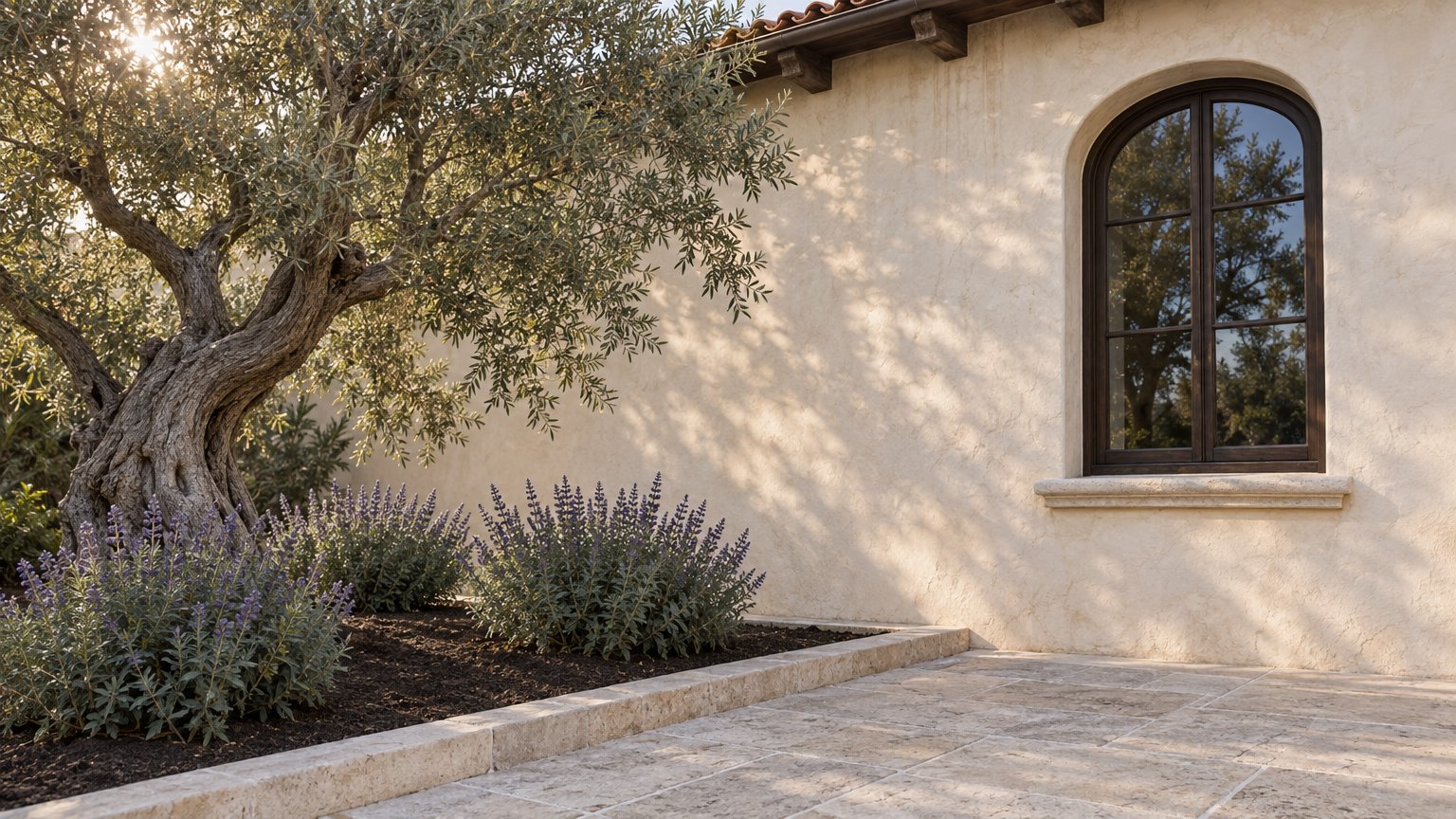 Ivory stucco wall with an arched oak window beside an olive tree and three flowering sage shrubs.