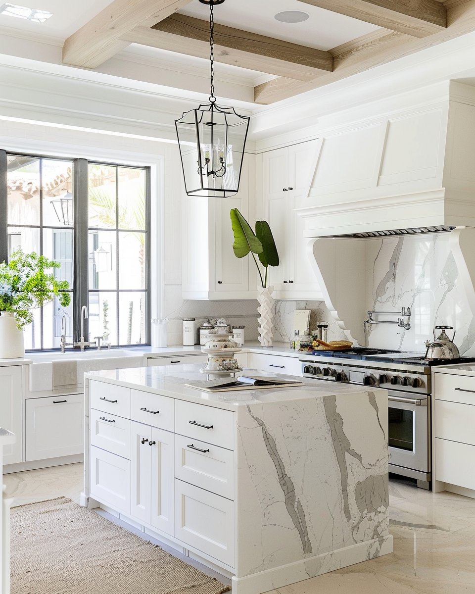 Bright white kitchen with a marble island, professional range, and exposed wood ceiling beams.