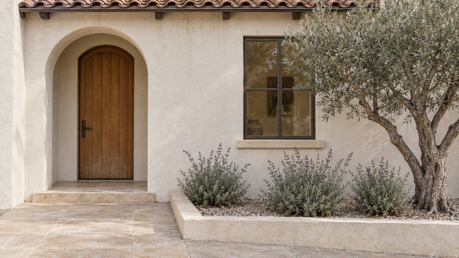 Warm-white stucco home entry with an arched oak door, bronze-framed window, limestone walk and a sculptural olive tree in a raised planting bed.